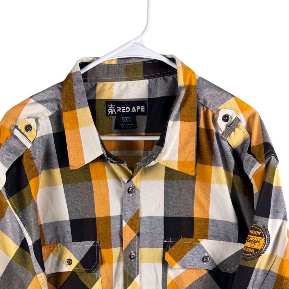 Red Ape Mens 5XL Plaid Button Down Yellow Orange Black Long Sleeve Epaulette